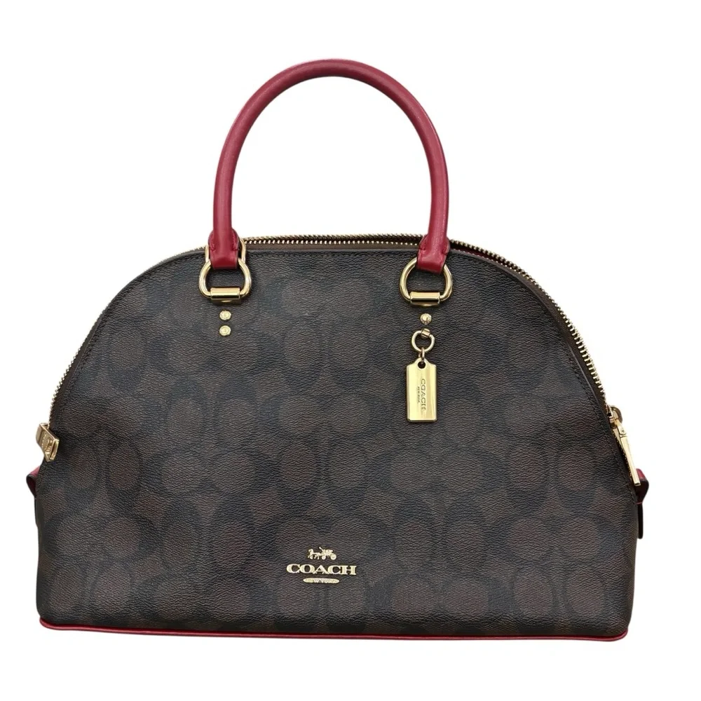 COACH Brown Signature Dome Satchel with Red Handles - Picture 3 of 12